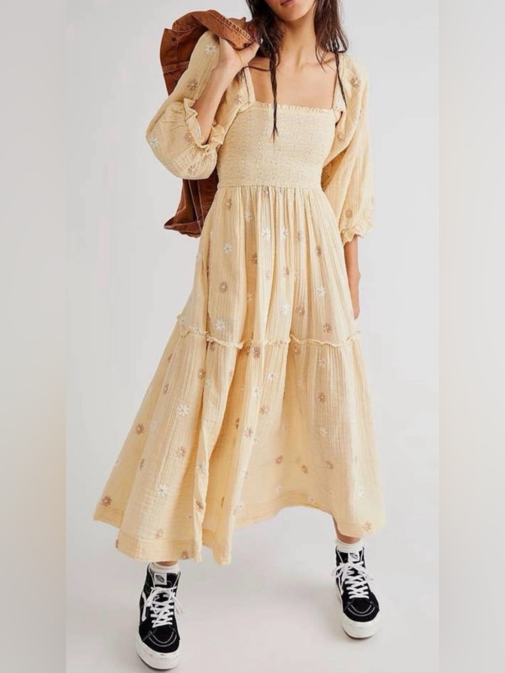 Free People Dahlia Embroidered Gauzy Smocked Puff Sleeve Maxi Dress Medium